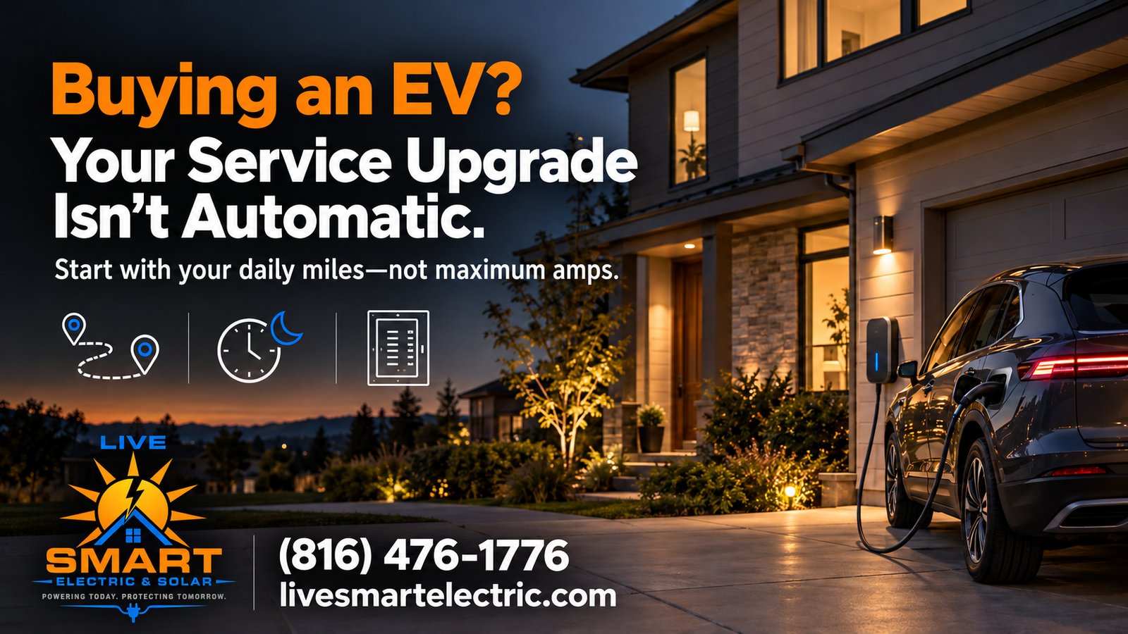 An electric car charges beside a lit house at dusk, with text about electric vehicle service upgrades.