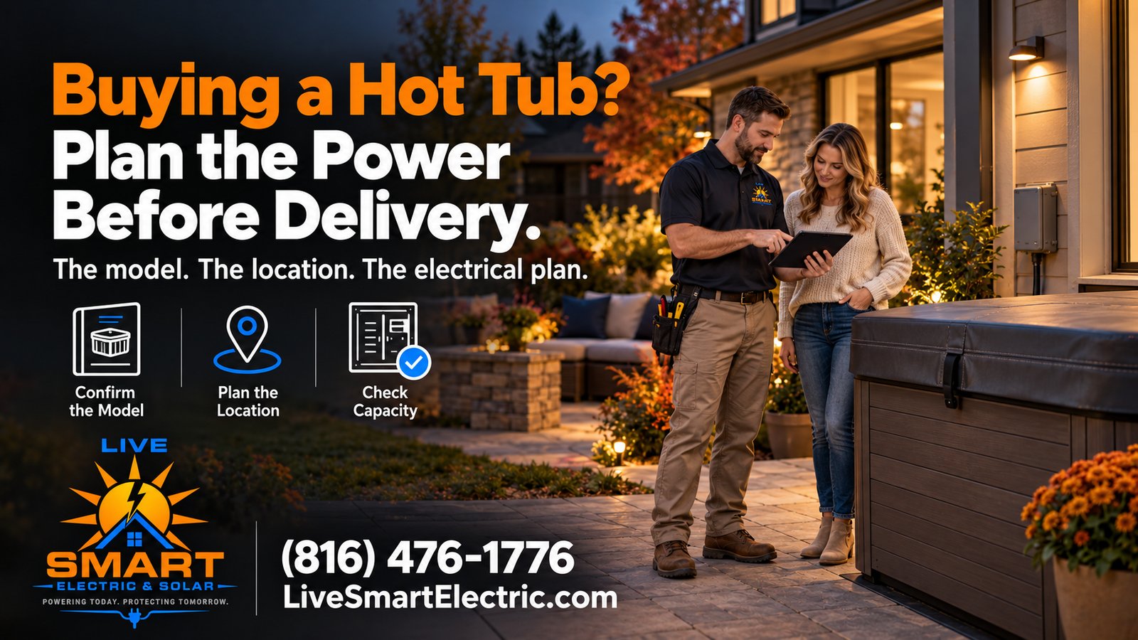 A man and woman look at a tablet beside a covered hot tub, with promotional text about planning electrical power.