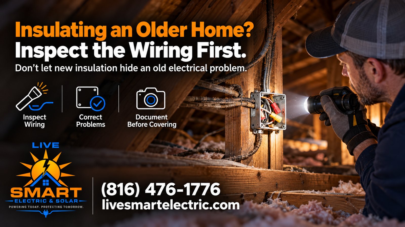 A man shines a flashlight on an open electrical box and exposed wiring among wooden attic beams and insulation.