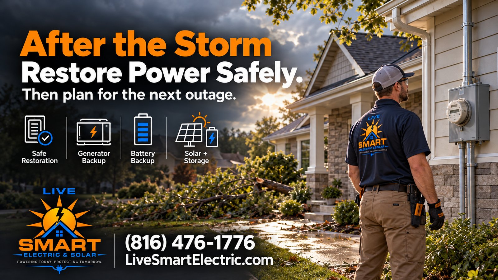 A worker stands beside an electric meter on a house, with storm clouds, fallen branches and power restoration text nearby.