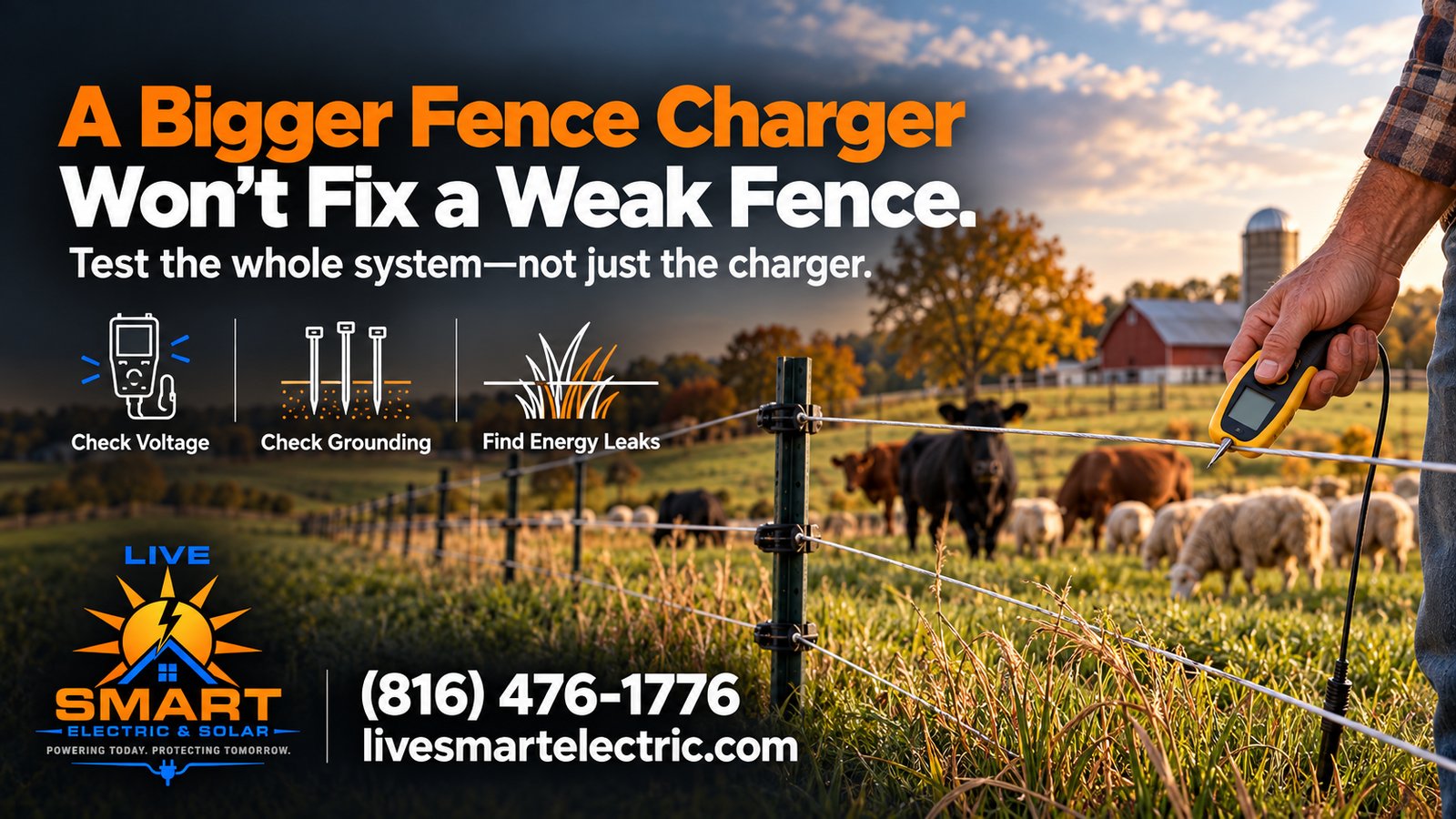A person holds a yellow fence tester beside a wire fence, with cattle, sheep and a red barn in the background.