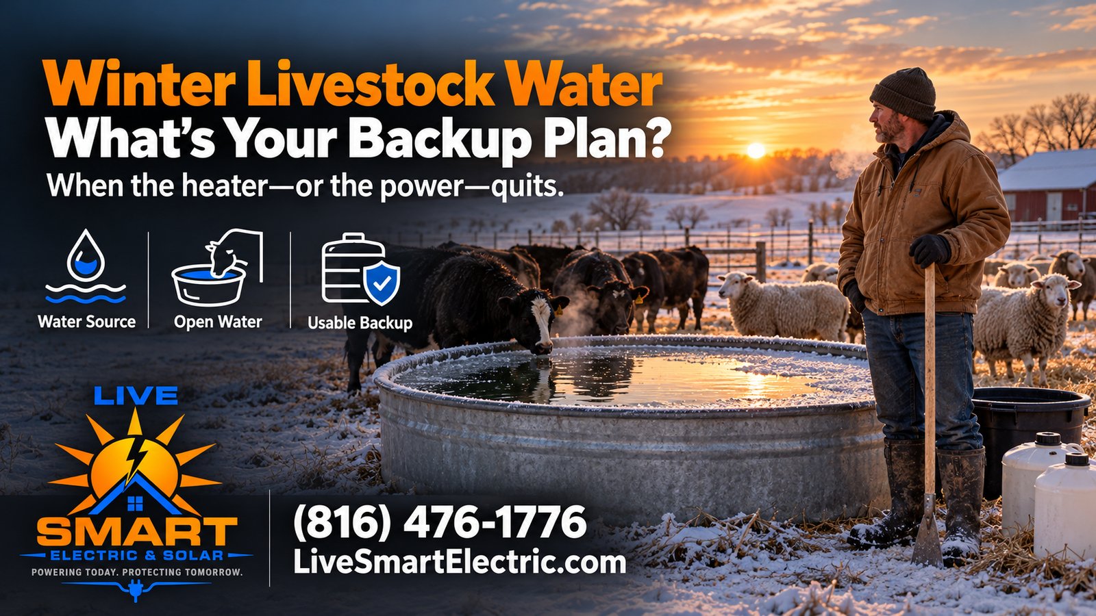 A man holding a shovel stands beside a water trough with cattle and sheep in a snowy field at sunset.